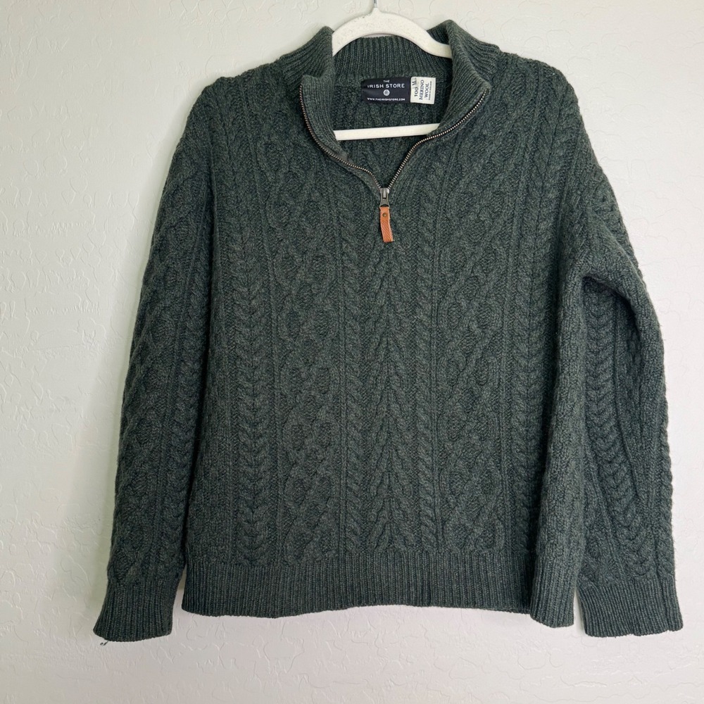 The Irish Store Mens 100 Merino Wool Sweater Size M Green Cable Knit Cabincore